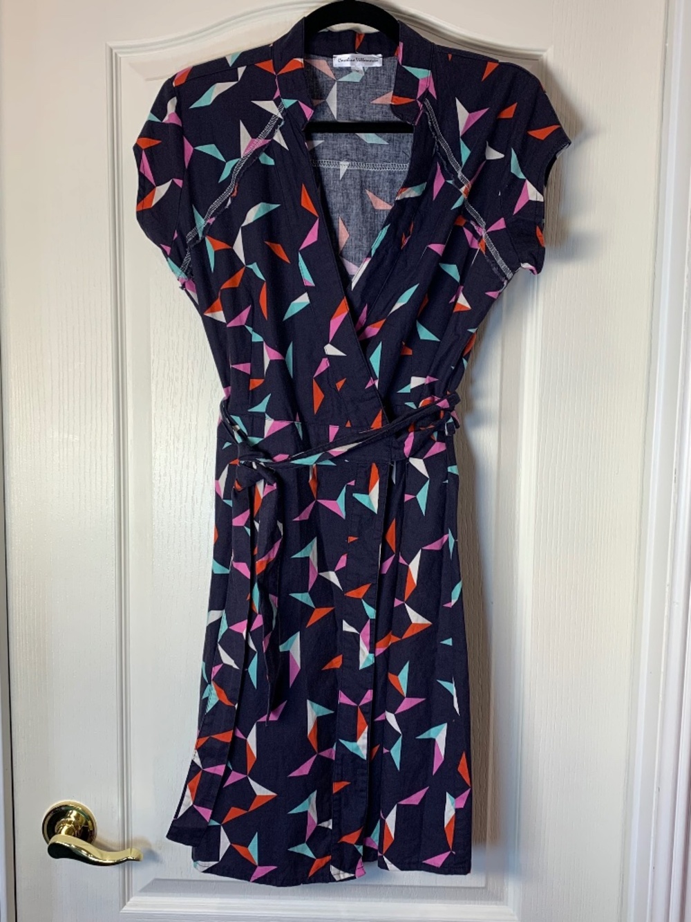 Caroline Villamarin Designer Geometric Wrap Dress Navy‎ Retro Print Belted  12